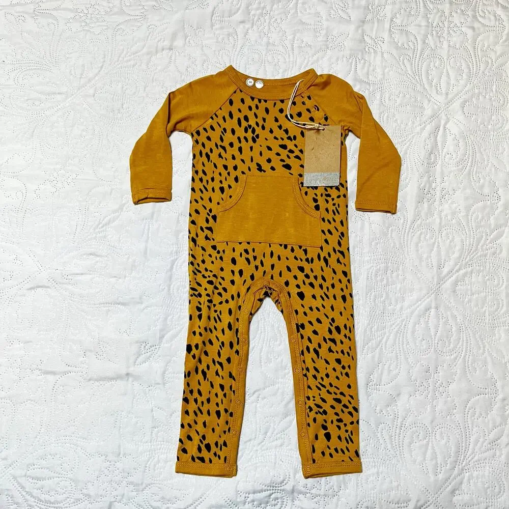 Kyte Marigold Cheetah Longall Bamboo Romper Size 3-6 months